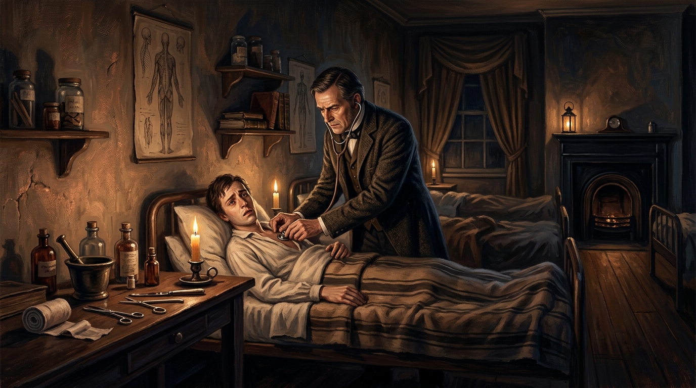 A Victorian-era medical consultation, chiaroscuro lighting, the entanglement of medicine and the machine age