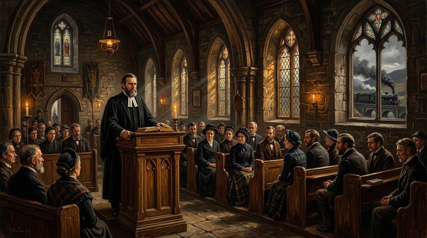 A Victorian Scottish church interior, a minister at the lectern, a steam locomotive visible through tall windows