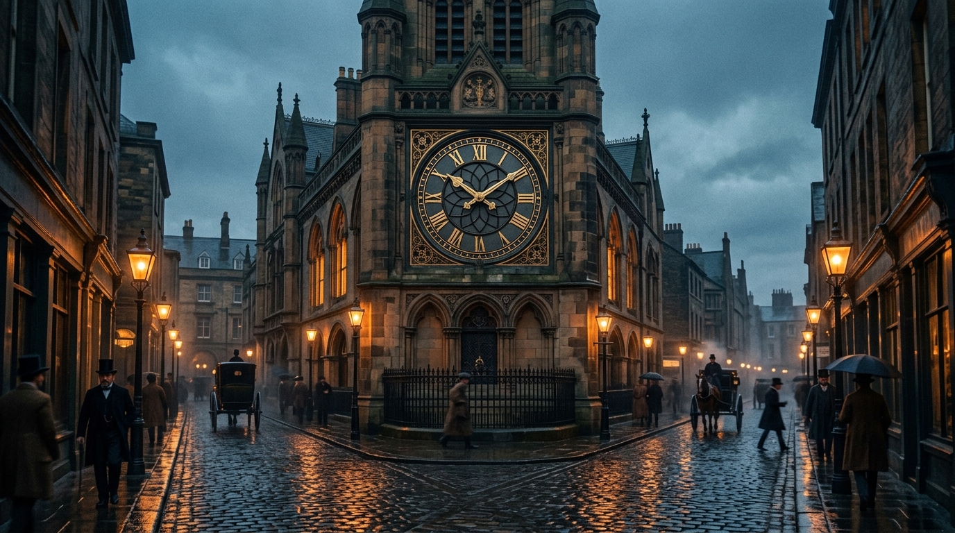 A Victorian clock face with two minute hands, rain-slicked cobblestones, the tension between local time and railway time